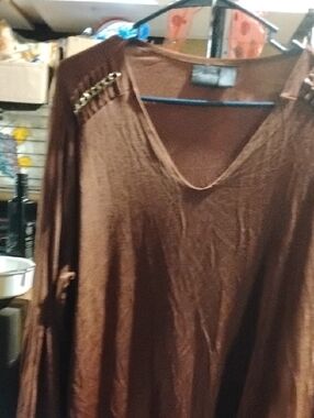 Women’s Brown V-Neck Tunic with Shoulder Chain Accent
